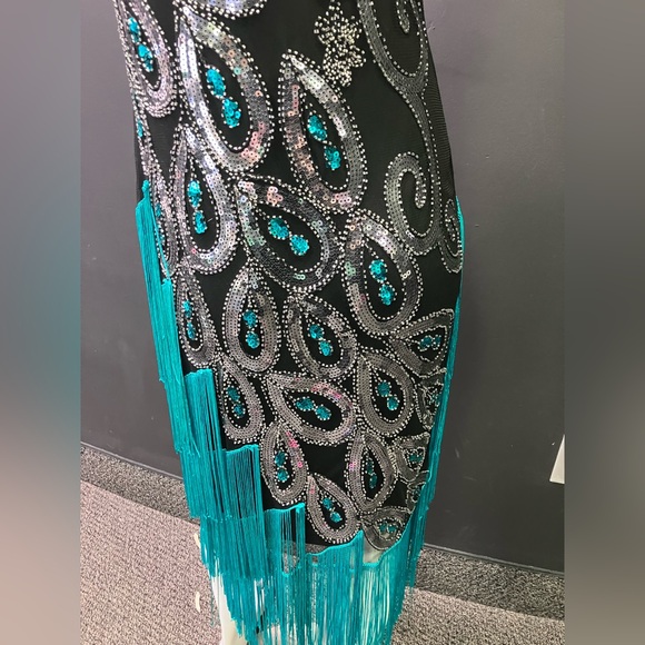 BabeYond black green and Silver peacock embroidered fringe flapper dress XL - Picture 9 of 15
